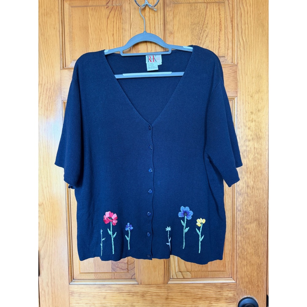 R&K Originals Woman Navy Blue Embroidered Floral Cardigan Sweater Size 18
